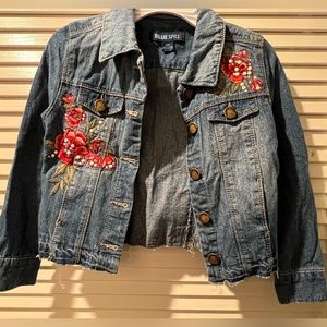 NWOT Blue Spice Rose & Crystal Embroidered Jean Jacket
